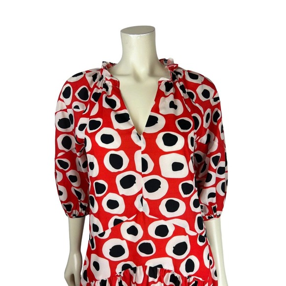 NEW Rodner Figueroa Puff Sleeve Dress XS Ruffle Mini Red Dot Geometric Print - Picture 5 of 12